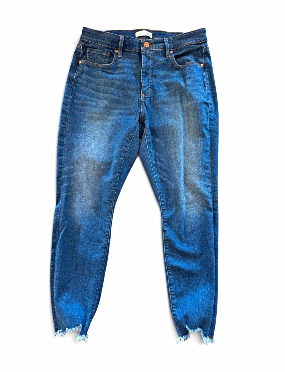 LOFT Curvy Skinny Jeans Women’s 30/10 Blue Distressed Raw Hem Ankle Denim